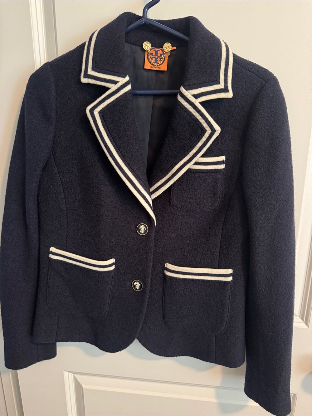Tory Burch Navy Wool Blazer with Cream Trim